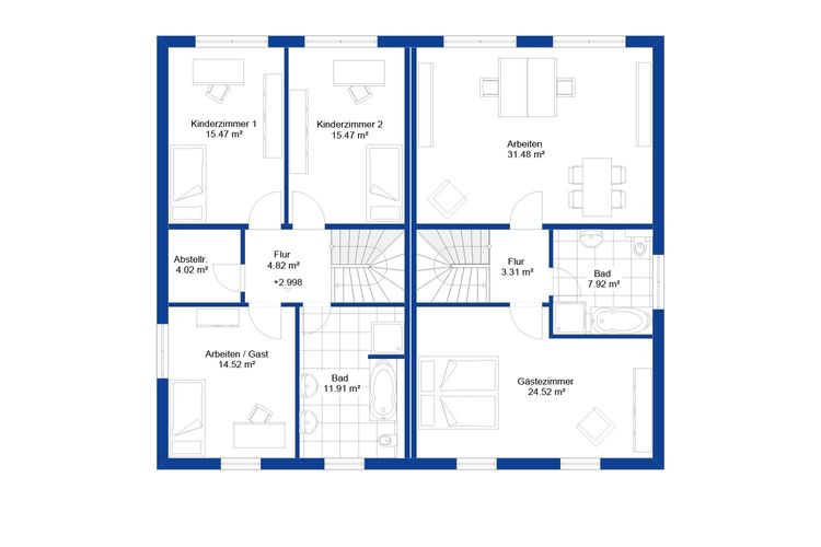 NORDHAUS | Grundriss Obergeschoss Doppelhaus DH 187 | Hausbau made im Bergischen