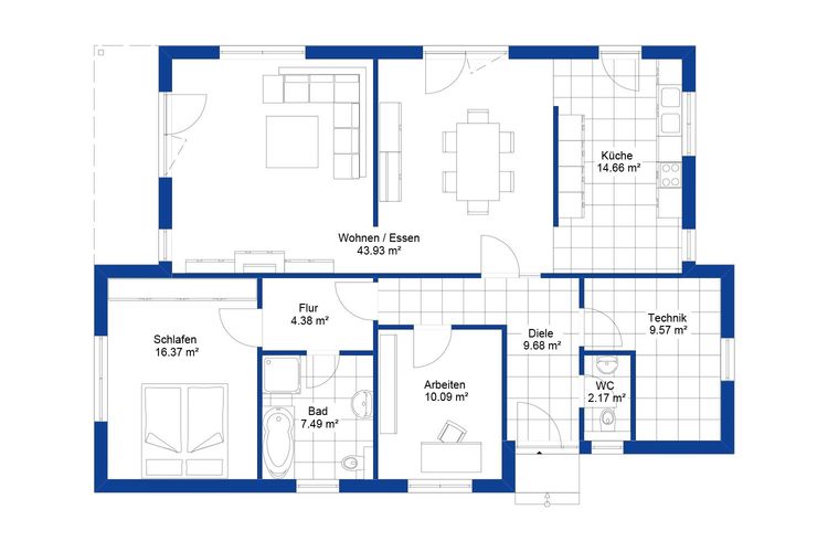 NORDHAUS | Grundriss Erdgeschoss Bungalow EFH B-118 | Hausbau made im Bergischen