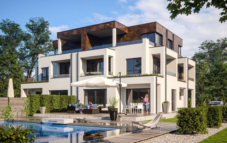 Zweifamilienhaus von RENSCH-HAUS. Rom. Terrassenansicht.