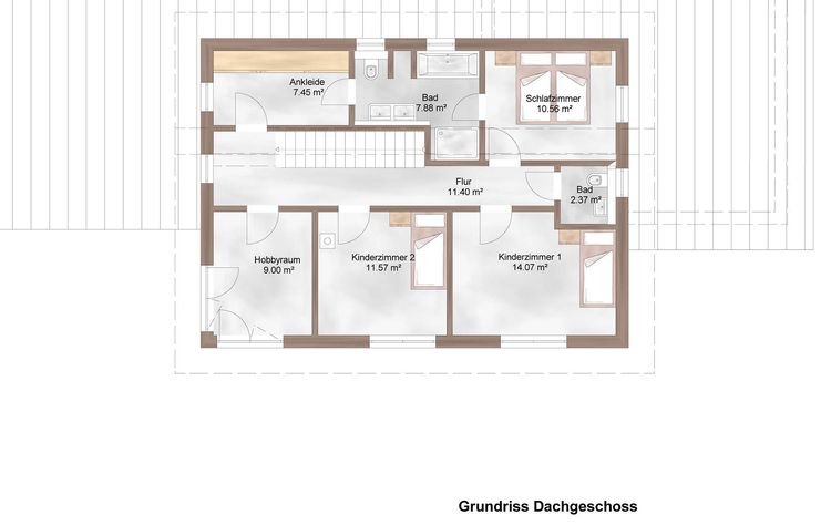 Der Grundriss des OGs des modernen Holzhauses mit Pultdach und gemischter Fassade aus mineralischem Putz und Lärchenholz