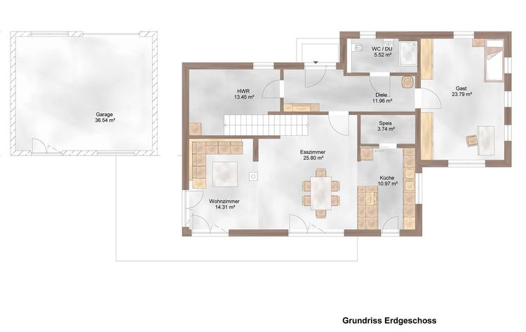 Der Grundriss des EGs des modernen Holzhauses mit Pultdach und gemischter Fassade aus mineralischem Putz und Lärchenholz