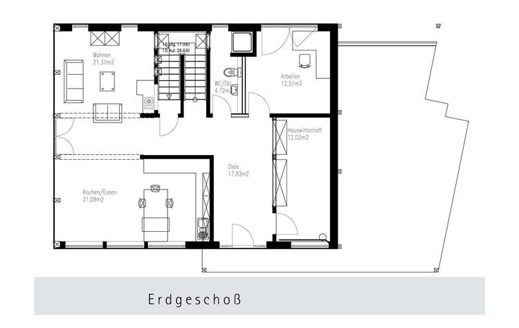 Der Grundriss des EGs des Holzhauses im Landhausstil mit durchgängiger Holzfassade und großer Glasfront