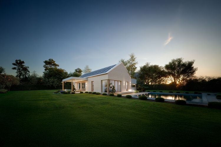 Moderner Bungalow mit Garten und Teich