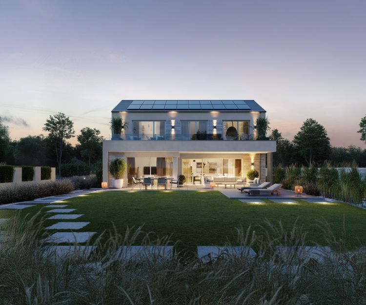 Modernes Einfamilienhaus mit überdachter Terrasse und Garten