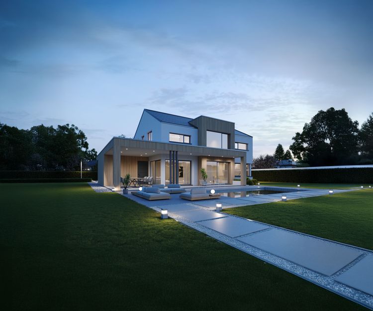 Modernes Einfamilienhaus mit Satteldach und überdachter Terrasse