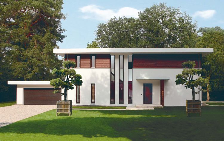 Moderne Villa mit Flachdach und angrenzender Garage mit drei vertikalen, über zwei Etagen verlaufenden Lichtbändern.