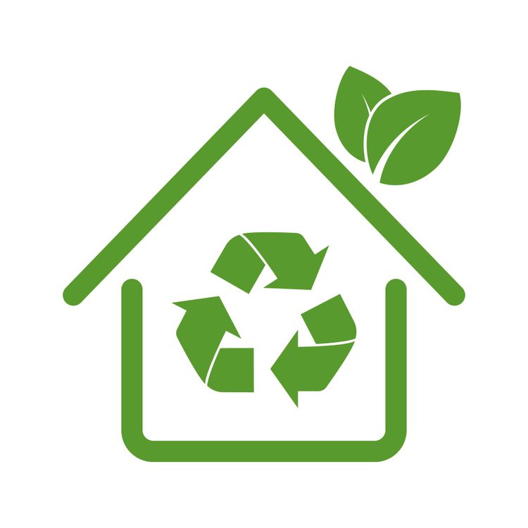 Symbol für Nachhaltigkeit mit einem grünen Haus, einem Recycling-Logo und Blättern