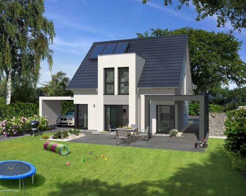 Modernes Einfamilienhaus mit Pergola und Carport.