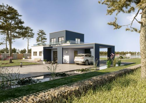 Außenansicht auf das Bungalow mit Turm und Carport